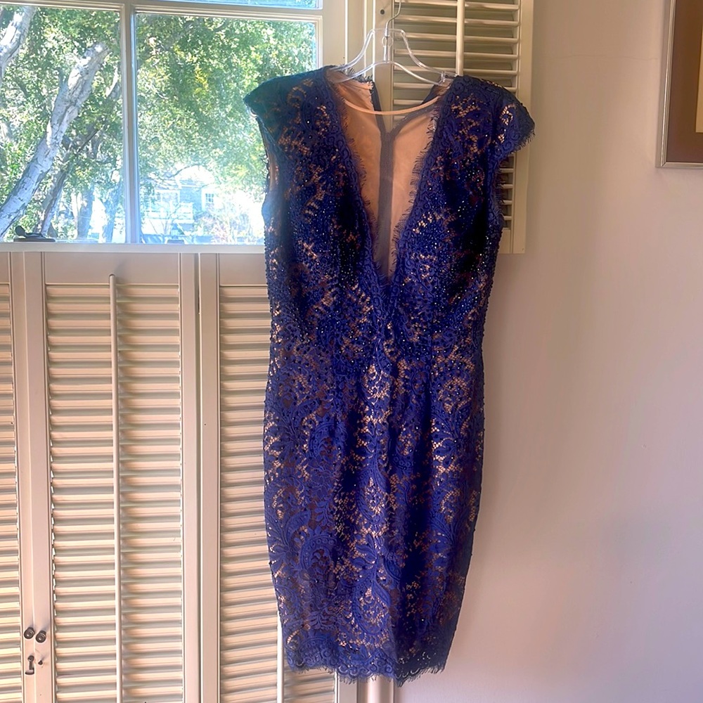 Jovani Navy blue sequined dress, with mesh neckline.